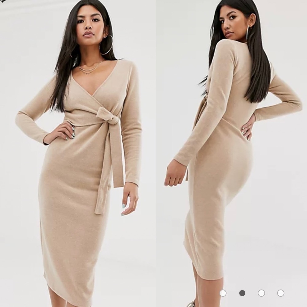 ASOS super soft wrap front midi sweater dress in camel
